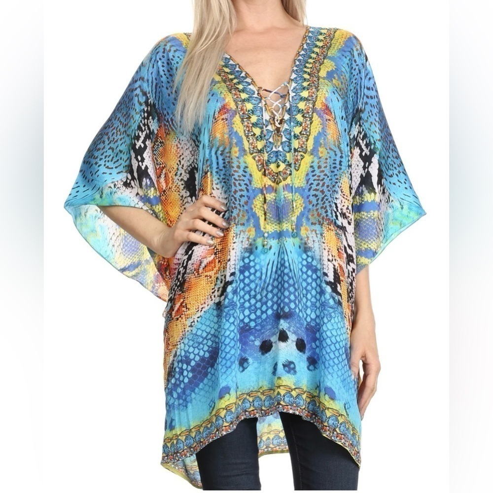 NWT Sakkas Journie Wide Sleeve Plunging V-Neck Lace-Up Kaftan Tunic Top